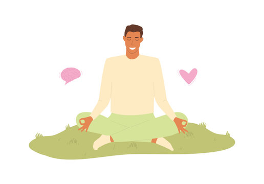 Vector illustration of a man meditating on the grass to balance mind and heart. Concept of emotional awareness, mindfulness, inner peace, and mental health.