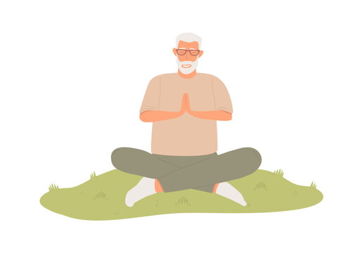 Vector illustration of an elderly man practicing yoga outdoors. He sits cross-legged on the grass with closed eyes and a smile. Concept of health, balance, mindfulness, and active aging.