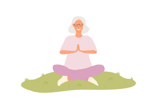 Vector illustration of an elderly woman practicing yoga outdoors. She sits cross-legged on the grass with closed eyes and a smile. Concept of health, balance, mindfulness, and active aging.