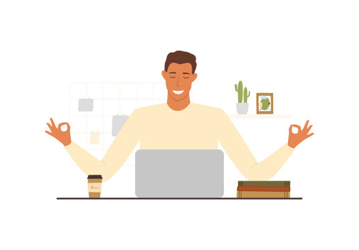 Flat vector illustration of a man meditating in the workplace, sitting in front of a computer. The concept of relaxation and meditation during the working day to avoid stress and burnout.