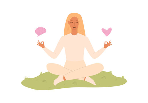 Vector illustration of a woman meditating on the grass to balance mind and heart. Concept of emotional awareness, mindfulness, inner peace, and mental health.