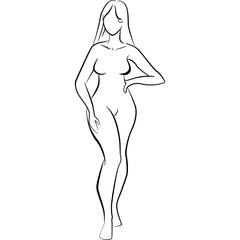 Stylized Line Art of a Woman with Long Flowing Hair Standing Confidently with Hand on Hip Against a Clean White Background Perfect for Graphic Design and Branding
