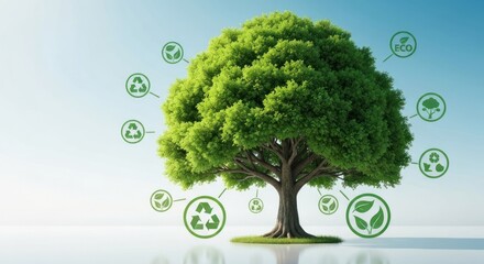 Lush tree with green eco icons floating in air on a bright background