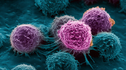 Ovarian cancer cells, mitochondrial bacteria, 3d rendered medical illustration, pink blobs	