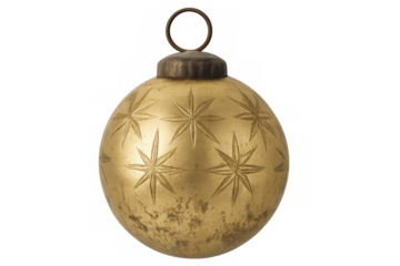 Gold vintage christmas ball ornament with engraved stars celebrating holiday season, transparent background
