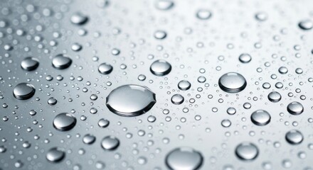 Numerous glistening water droplets on a shiny, reflective surface