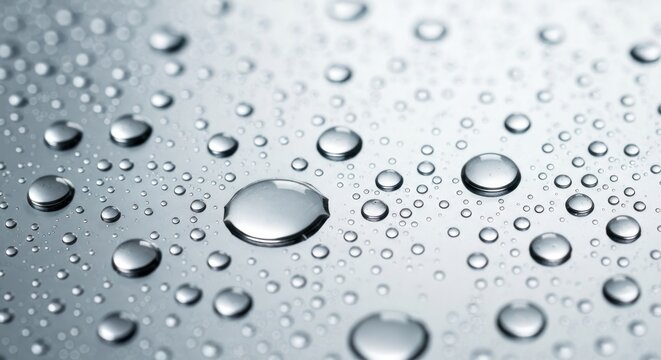 Numerous glistening water droplets on a shiny, reflective surface - Powered by Adobe