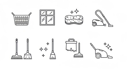Outline vector icons of various cleaning supplies on a white background