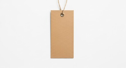 Plain brown cardboard tag hangs from twine, centered on stark white background