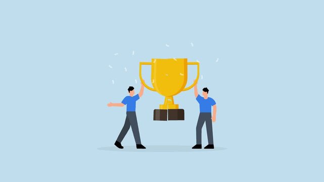 Win win situation, businessman connect trophy jigsaw piece to win together.