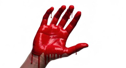 Red-painted hand reaching up, paint dripping from fingers on white backdrop