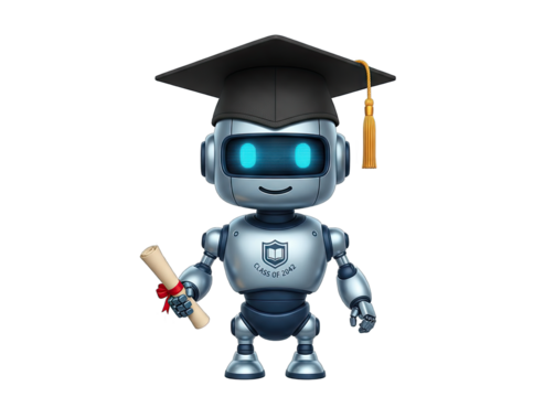 Cute Robot Wearing Graduation Cap Holding Diploma Roll with Blue Glowing Eyes and Metallic Silver Body Standing Against Transparent Background
