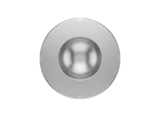 Close-up abstract metallic sphere with textured rim on a transparent background, representing technology and precision