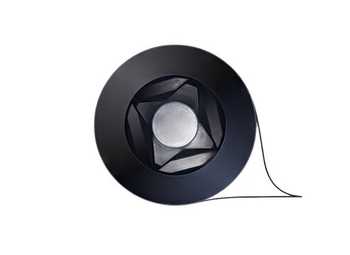 Close up abstract metallic iris diaphragm aperture mechanism with intricate blades and circular opening on black background - Powered by Adobe