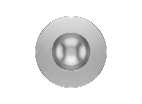 Close-up abstract metallic sphere with textured rim on a transparent background, representing technology and precision