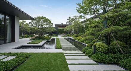 Serene courtyard garden with modern design, geometric forms, lush greenery
