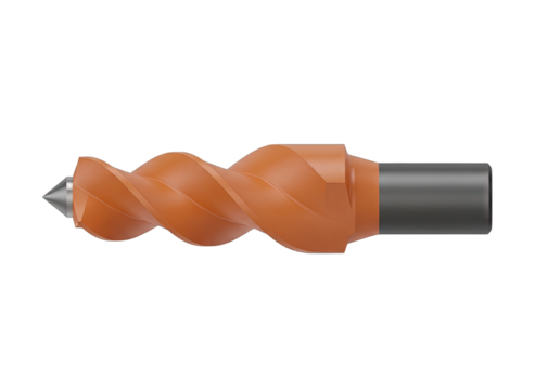 Close up of a sharp metal drill bit with an orange spiral fluted shaft isolated on a transparent background