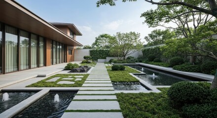 Serene garden with pathway, pond, and modern architecture