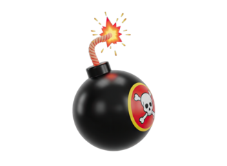 Cartoon Black Round Bomb With Red Yellow Symbol And Skull And Crossbones Icon Burning Fuse And Spark In A Dark Setting