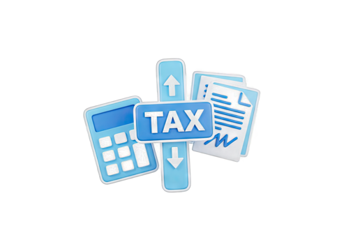 Business Taxes Icon Featuring Calculator Document and Up Down Arrows With The Word Tax In Blue Rectangle With White Border On Transparent Background