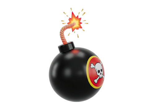 Cartoon Black Round Bomb With Red Yellow Symbol And Skull And Crossbones Icon Burning Fuse And Spark In A Dark Setting