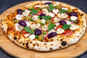 The most authentic Brazilian rustic pizza, with vegetables and ham. Homemade artisanal pizza baked in a wood-fired oven. The most perfect pizza in the world.