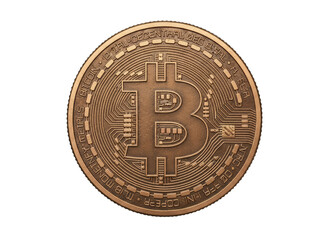 Close-up of a metallic bronze digital currency coin with intricate circuitry patterns and a central B logo symbol on a black isolated background representing cryptocurrency and financial technology