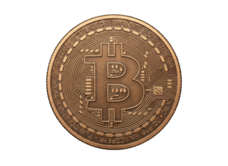 Close-up of a metallic bronze digital currency coin with intricate circuitry patterns and a central B logo symbol on a black isolated background representing cryptocurrency and financial technology