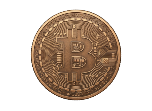 Close-up of a metallic bronze digital currency coin with intricate circuitry patterns and a central B logo symbol on a black isolated background representing cryptocurrency and financial technology