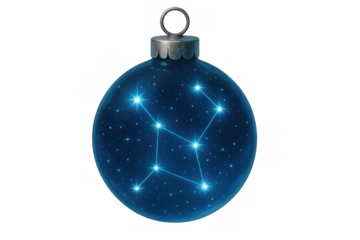 Christmas ornament bauble showing sagittarius constellation and glowing stars, celebrating winter holidays and astrology