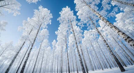 Snow-laden birch trees reach into a bright blue winter sky