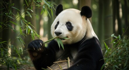A giant panda eats bamboo in a lush forest.