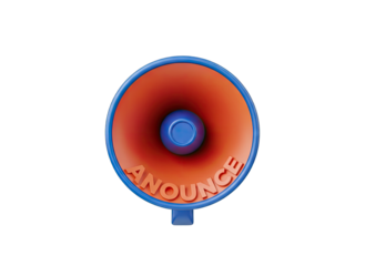 Close Up of Orange Megaphone with Blue Rim and 'Announce' Text on Transparent Background Studio Shot Realistic 3D Render