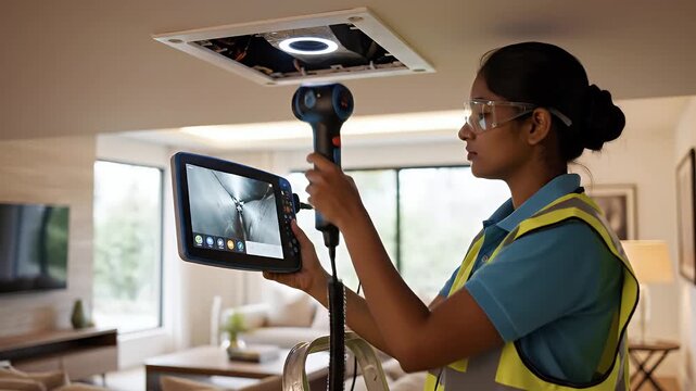 Professional Inspecting HVAC System with Camera in Residential Home.