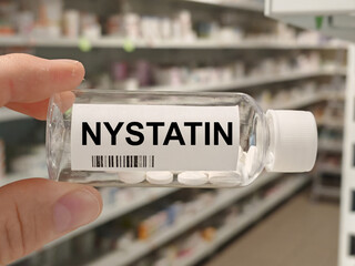 Box of NYSTATIN tablets on a hospital pharmacy table used to treat fungal infections an antifungal.