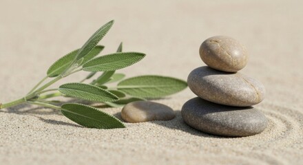 Stacked stones & green sprig on rippled sand create tranquility