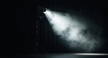 Stage spotlight shines through smoke, illuminating the darkness