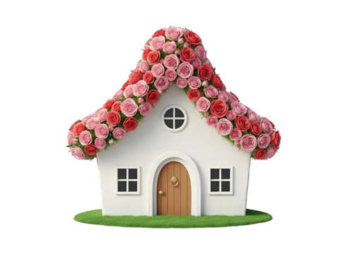 Charming whimsical fantasy house adorned with vibrant pink and red roses on a green grass base with a transparent background