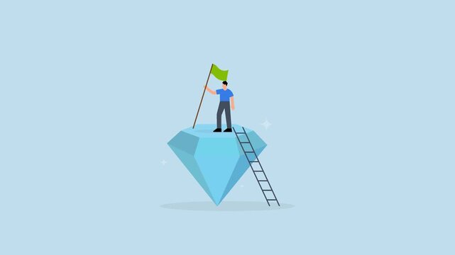 Value proposition, entrepreneur waving victory flag atop valuable high quality diamond.