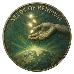 A round coin shows a sculpted hand releasing four glowing seeds above Earth at dawn, radiant beams rise on the horizon, textured brass and emerald patina finish