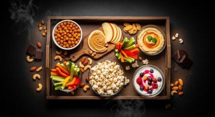 Overhead view of a wooden tray filled with various healthy snacks and treats.