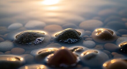 Smooth pebbles rest submerged in clear water with sunlit reflections.