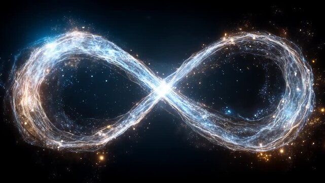 Abstract luminous infinity symbol glowing with swirling cosmic light and sparkling particles on a dark background. Endless energy concept.