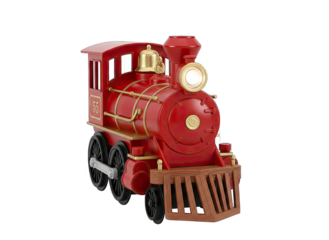 Classic Red Toy Steam Locomotive With Brass Bell and Golden Headlight Detailed Front View Isolated On Transparent Background