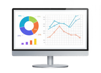 Computer monitor displaying colorful pie chart and line graphs with data analysis and financial reports on a transparent background