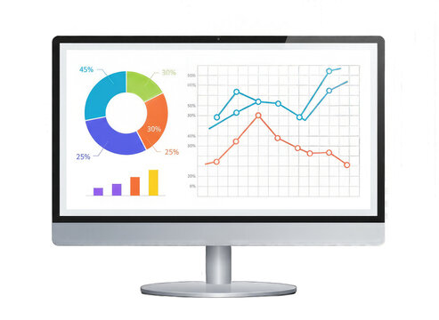 Computer monitor displaying colorful pie chart and line graphs with data analysis and financial reports on a transparent background