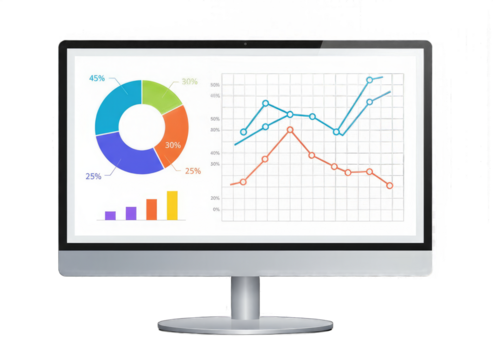 Computer monitor displaying colorful pie chart and line graphs with data analysis and financial reports on a transparent background - Powered by Adobe