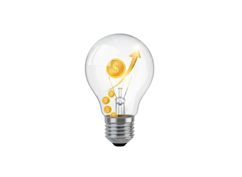 Clear light bulb containing golden coins and an upward trending arrow symbolizing financial growth and investment ideas on a black background