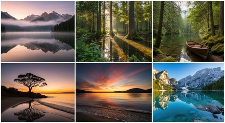 Serene natural landscapes showcase tranquil lakes and lush forests.