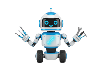 Cute Blue and White Robot with Wheels and Glowing Chest Symbol Stands with Open Arms and Tools on Hands Isolated on Black Background